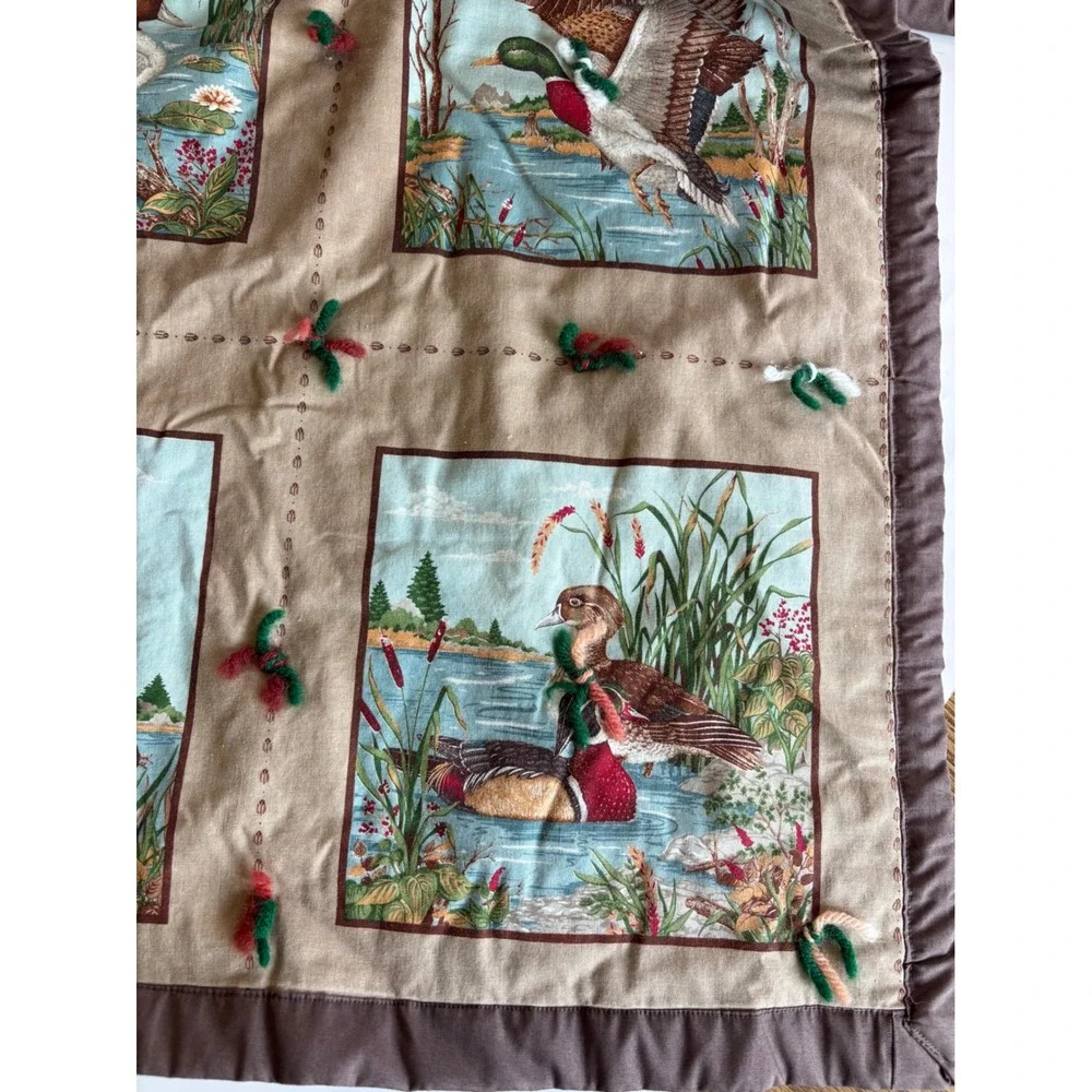 Vintage Duck Wildlife Hand Tied Quilt Tan Brown Rustic Cabin Mallard Wood Duck